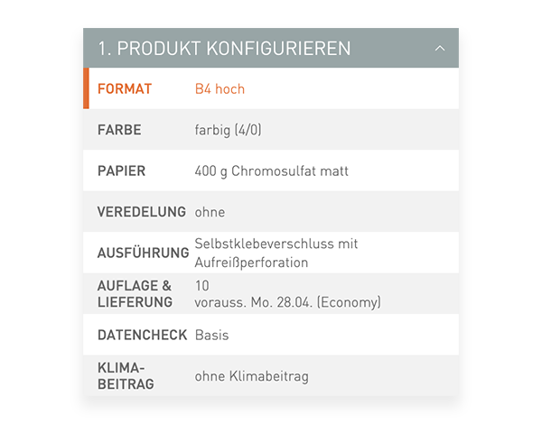 Der Konfigurator von viaprinto. Im Konfigurator wird das Druckprodukt individuell zusammengestellt.