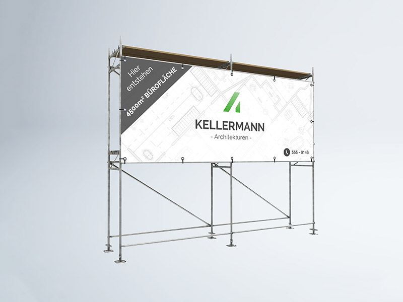 Ein Stoffbanner exemplarisch dargestellt einem Baugerüst.